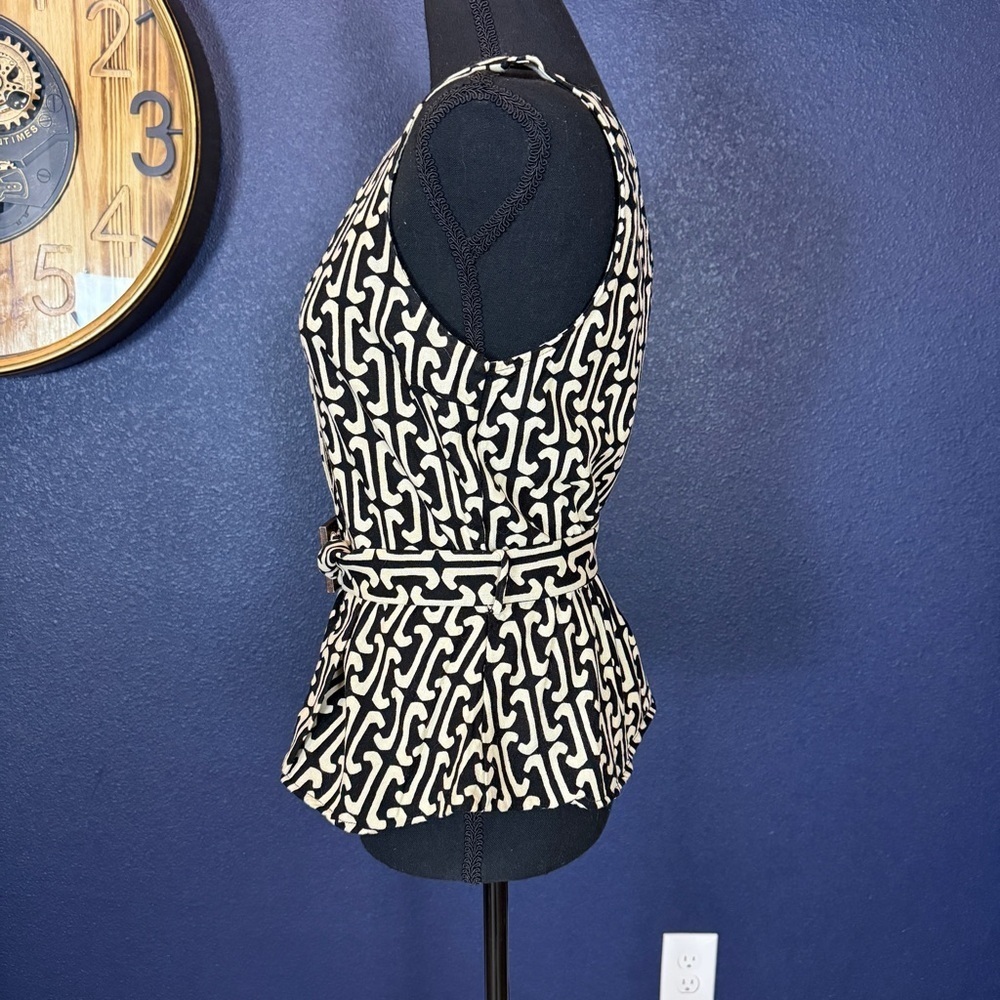 Monteau Black and Cream Geometric Belted Linen Blend Tank | Size Medium - Picture 3 of 8